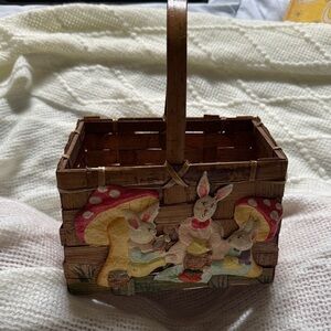 Wooden Basket with Bunny and Mushroom Design